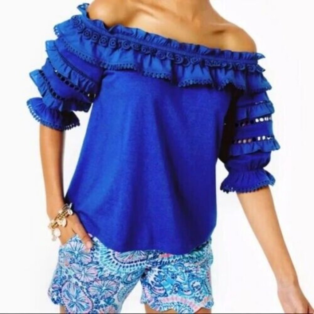 Lilly Pulitzer Brentwood Off-The-Shoulder Top Ruffle Blue XL